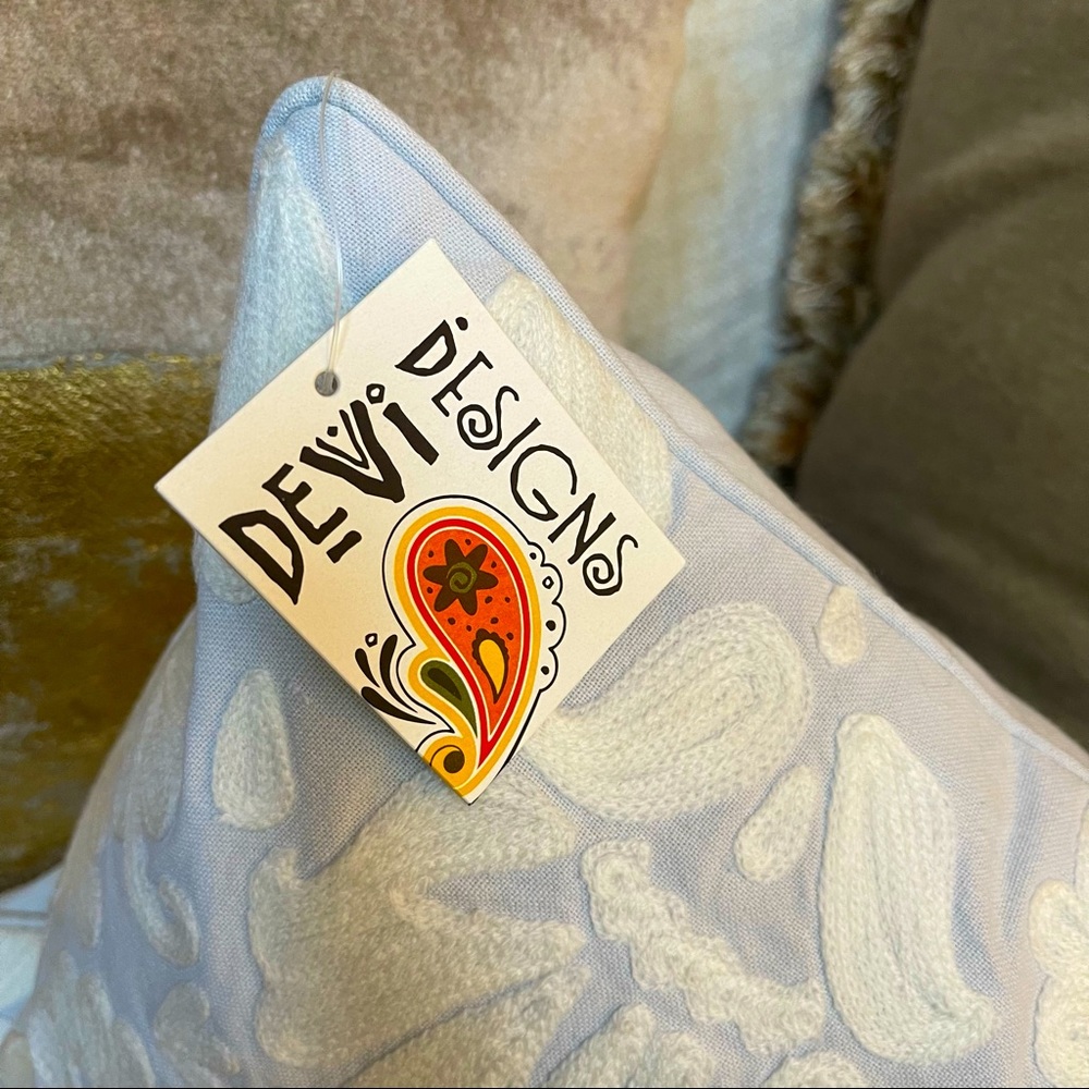 Devi Designs Glacier Blue w/ White Embroidered Design Pillows x 2 - 14” x 20”